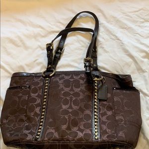 Coach Brown Shimmer Monogram Tote Bag with top Zip